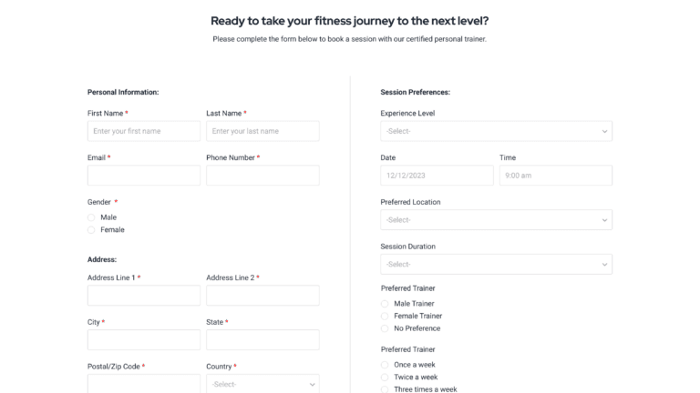 Sports & Fitness – Personal trainer booking Form